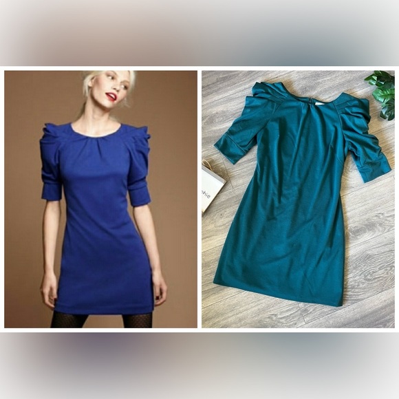 Jessica Simpson Gathered Pleated Neckline Puff Sleeve  Teal Ponte Dress. Size 6 - Picture 1 of 15